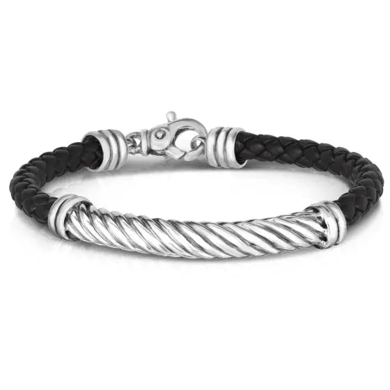 Phillip Gavriel Men's 925 Sterling Silver Men's Twisted Cable Leather Bracelet