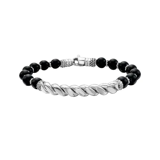 Phillip Gavriel Men's 925 Sterling Silver Twist Bar Onyx Bead Bracelet